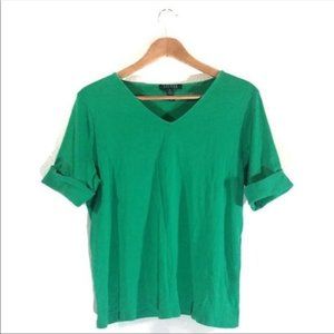 LAUREN RALPH LAUREN Sz 1 X Green V-neck Roll Up Short Sleeve Casual Shirt